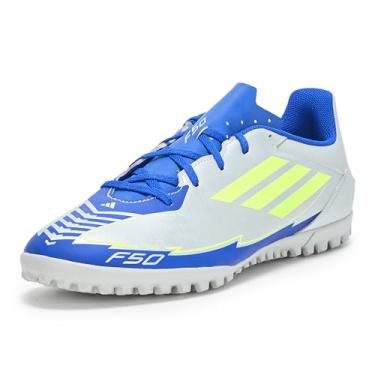Imagem de adidas Chuteiras de futebol masculinas F50 Club Turf - Prata, Prata metálico/amarelo solar/azul lúcido, 10 Women/9 Men