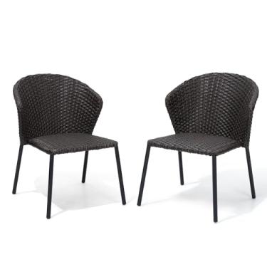 Imagem de Pellebant Conjunto de 2 cadeiras de jantar empilháveis de vime para pátio, cadeiras empilháveis de varanda de vime, cadeiras de jantar acolchoadas para ambientes externos, jardim, deck, quintal,