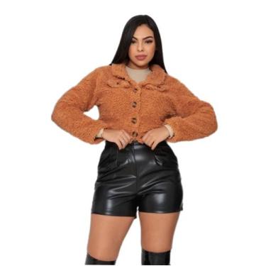 Imagem de Casaco teddy curto blusa de frio feminina pelinhos manga longa - DE UM