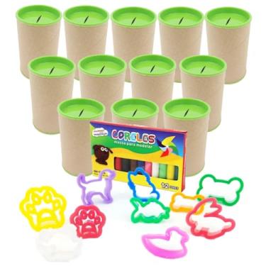Imagem de Kit 12 Cofres Papelão 36 Cortadores Formato Animais 2 Caixas de Massinha Modelar Lembrancinhas Aniversário Mundo Animal Pet (Cofre Verde)