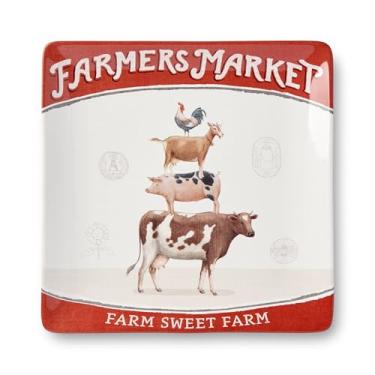 Imagem de Travessa quadrada vintage de 30 cm, design de mercado de fazendeiros com motivos de animais de fazenda e borda vermelha, cerâmica durável, estilo rústico de fazenda, perfeita para aperitivos, carnes e