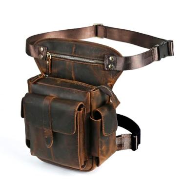 Imagem de Handadsume Lona resistente à água + couro para motocicleta, pochete de viagem, bolsa de cintura para homens e mulheres, FB913-5, 100% couro genuíno - marrom, Medium, Estilo vintage retrô elegante sem