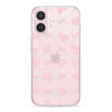 Imagem de ZTOFERA Capa para iPhone 16 Plus com glitter, linda fita transparente com laço e estética, capa protetora de telefone brilhante moderna e macia à prova de choque para mulheres e meninas, rosa claro