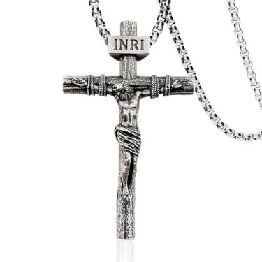 Imagem de ZENLUNANO Colar de cruz crucifixo para homens e mulheres com pingente requintado de Jesus e corrente de aço inoxidável 40-76 cm, 0 Inch=No Chains, Banhado a ouro, Sem Pedra Preciosa