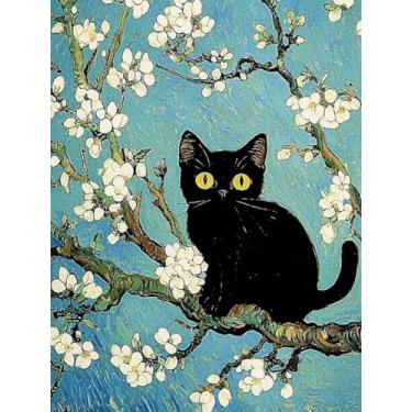 Imagem de MaiYiYi Flor de damasco diamante paiting 5D pintura de arte de diamante redondo completo gato preto Van Gogh damasco flor diamante pintura ponto cruz kit para adultos iniciantes decoração de parede de