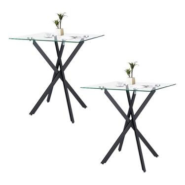 Imagem de NIERN Conjunto de 2 mesas de centro laterais pequenas com pernas de metal, mesa de canto quadrada de vidro temperado moderna para sala de estar, sofá e escritório em casa (2 peças, preto, 50 cm x 50