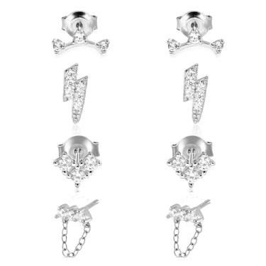 Imagem de Conjunto de 4 pares de brincos de prata esterlina 925, banhados a ouro branco 18K, pequeno, hipoalergênico, zircônia cúbica, pacote para mulheres, one size, Latão, Zircônia cúbica