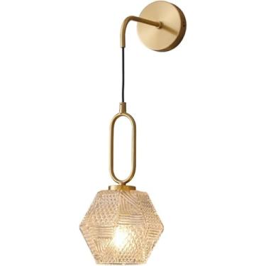Imagem de Arandela vintage, luminária de parede moderna de vidro com nervuras de latão antigo, luminária de parede nórdica dourada suspensa com fiação fixa de meados do século para quarto, corredor, s