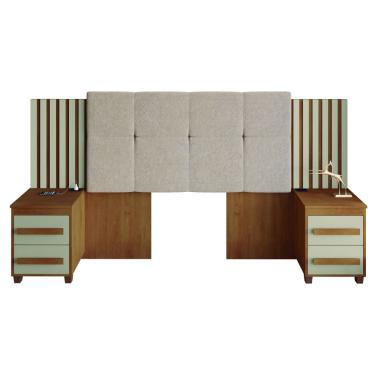 Imagem de Cabeceira Casal Extensível com 2 Mesas de Apoio Ripado e Estofado Cinamomo/Off White Suíça rv Móveis