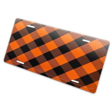 Imagem de Capa de placa de licença de arte xadrez de búfalo laranja - etiqueta de carro artística de alumínio, à prova de ferrugem, design exclusivo novidade - 15 x 30 cm
