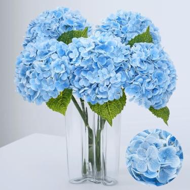 Imagem de Waipfaru Flores artificiais de hortênsia azul de toque real de 53 cm com haste longa e folhas, flores de hortênsia sintética de látex completo para decoração de casa, festas, arranjos florais de