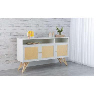 Imagem de Balcão Buffet Para Sala De Jantar Mdf Branco Pés Taeda 3 Portas Com Ni