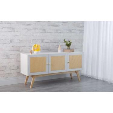 Imagem de Balcão Buffet Para Sala De Jantar Mdf Branco Pés Taeda 3 Portas De Pal