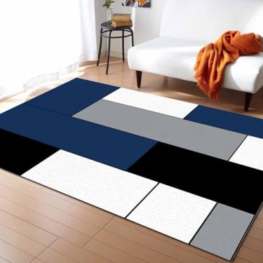 Imagem de Tapete de área interna para sala de estar, retrô azul cinza preto patchwork tapete antiderrapante, arte moderna abstrata, tapetes macios confortáveis para quarto de bebê, 91 x 152 cm