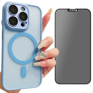 Imagem de [GL CASES] Case Capa iPhone 15 Pro Carregamento Por Indução Magnética Rigida Translucida Capinha iPhone 15 Pro Com Proteção De Câmera + Pelicula De Privacidade Cerâmica Fosca (Azul Claro)