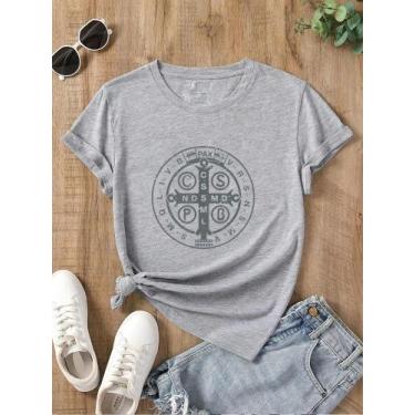 Imagem de Camiseta Feminina Católica com Medalha de São Bento - Gola Redonda - E