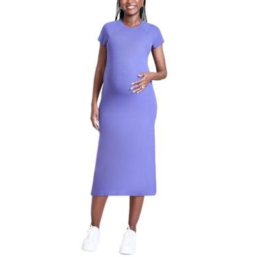 Imagem de Motherhood Maternity Vestido feminino colado ao corpo midi de malha canelada manga raglan, Azul skipper, G