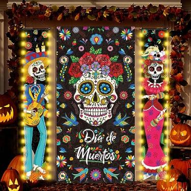 Imagem de Tiamon 3 peças de placa de alpendre do dia dos mortos com luzes de LED, decoração de porta de festa mexicana Dia De Los Muertos, faixa de porta de caveira de açúcar do dia dos mortos para festa de festa de Halloween, 29 x 180 centímetros