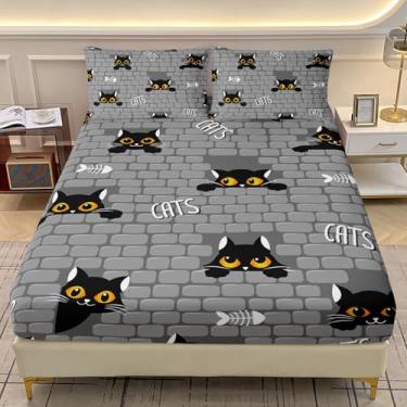 Imagem de AILONEN Jogo de lençol Queen com tema de gato preto fofo, desenho kawaii, para decoração de quarto, 1 lençol com elástico e 2 fronhas, 3 peças