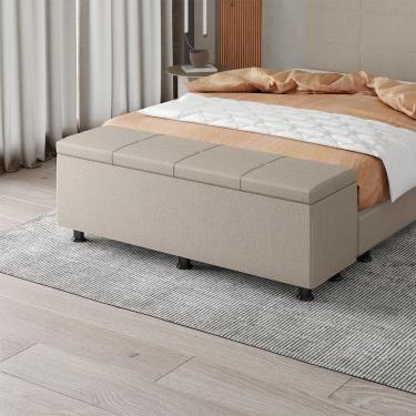 Imagem de Baú Sapateira Estofada Casal King Size 195 Cm Marte Linho Skybox Bege