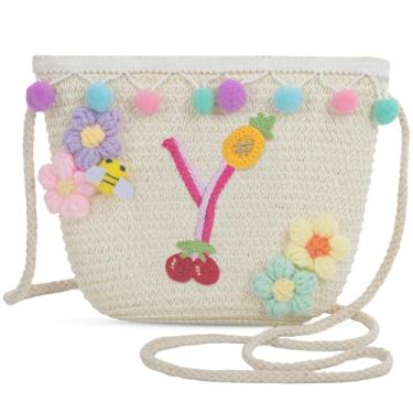 Imagem de Sacola feminina de praia de verão de palha pequena com letras 2025, bolsa de praia de palha de tecido para mulheres 2025 (Y, branca), Branco