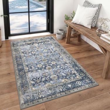 Imagem de KUTA Tapete de entrada floral vintage 7 x 12 cm, tapetes de área para sala de estar, azul, bege, lavável, tapete de cozinha, antiderrapante, ultrafino, macio, estampado, envelhecido, entrada oriental