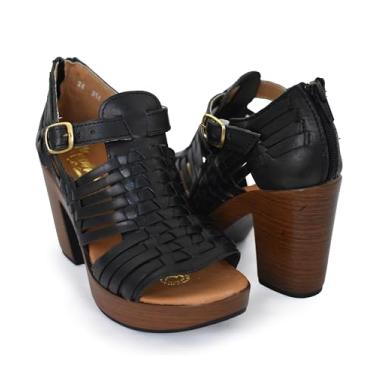 Imagem de Macarena Collection Sandália feminina casual plataforma plataforma Huarache couro colorido estilo mexicano cor multicores 351, Preto, 38