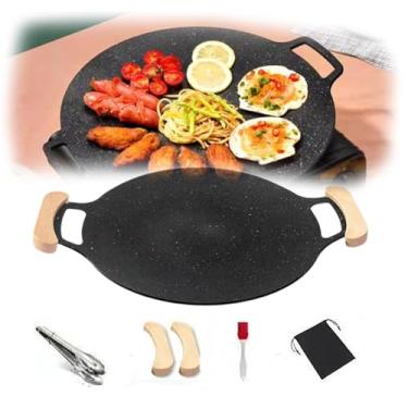 Imagem de Frigideira coreana, antiaderente, redonda, para churrasco coreano, frigideira coreana com cabo de madeira, placa de fogão multifuncional para casa, cozinha, acampamento, viagem, 35,8 cm