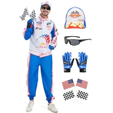 Imagem de Deaboat Ricky Costume Conjunto de cosplay masculino de corrida com chapéu, luvas, bandeiras, óculos de sol, fantasia de cosplay de Halloween, 7 peças (azul/médio)