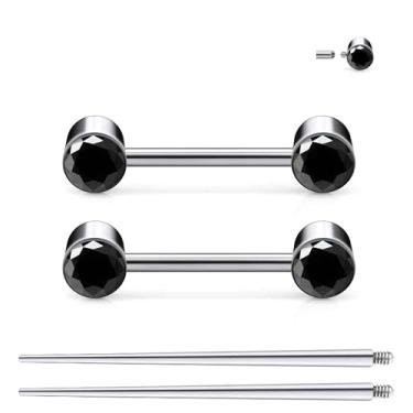 Imagem de Ruifan Piercing de mamilo com rosca interna de titânio joia redonda preta CZ anéis de língua piercing de barra reta para mulheres e homens 14G 14 mm com cone de piercing reto