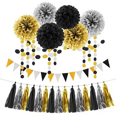 Imagem de HongTongTong Decorações Para Festas Em Prata, Preto E Dourado - 23 Peças De Flores Papel Seda, Pompons, Borlas, Guirlanda, Flâmula, Faixa, Bandeiras, Serpentinas, Aniversário, Véspera Ano Novo, Apos