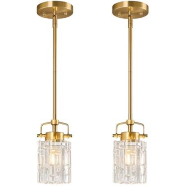 Imagem de FDPBY Luminárias Pendentes De Vidro Prensado, Pacote Com 2, Para Ilha Cozinha, Poste Metal, Luz Dourada, Moderna, Iluminação Fazenda Quarto, Banheiro, Luminária Teto Inclinado