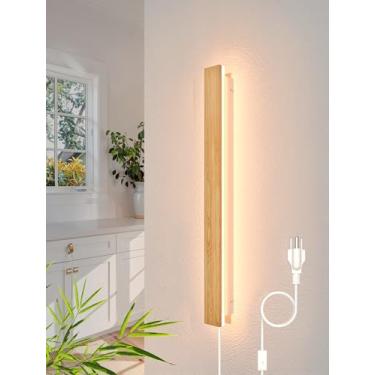 Imagem de TRUWELLA Arandela De Parede Longa Moderna Com Encaixe Para Tomada, 23,6'', Luzes Led Bambu, Tira 18W, Lâmpada Interna 3000K Cabo 6,5 Pés E Interruptor Liga/Desliga Sala Estar, Corredor, Escada