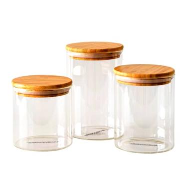 Imagem de Bambooware Recipientes De Vidro Com Tampa Para Armazenamento, Organização Cozinha, Despensa - Conjunto 3 Potes Herméticos Madeira Açúcar, Farinha, Doces, Biscoitos, Arroz, Macarrão E Temperos