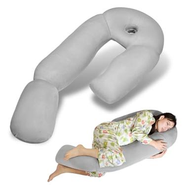 Imagem de Travesseiro de gravidez para dormir, travesseiro corporal em forma de U de 128 cm com design de piercing de orelha, travesseiro cinza de maternidade para pessoas que dormem de lado, suporte para