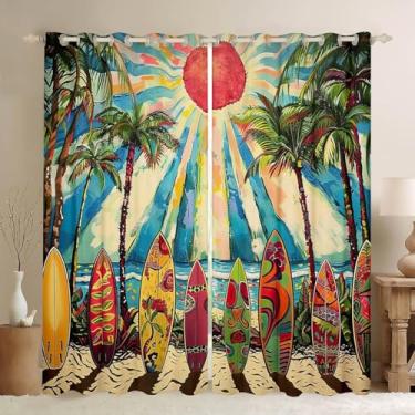 Imagem de Cortina de janela de prancha de surfe de férias de verão, cortinas de palmeiras tropicais havaianas, cortina de tratamento de janela de praia oceano infantil meninos adolescentes decoração de quarto