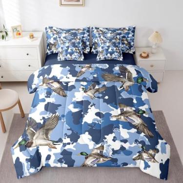 Imagem de jejeloiu Conjunto de edredom infantil casal de pato-real azul para caçar pato selvagem, camuflagem, estilo militar, caça, animais selvagens, 7 peças, decoração de quarto macio