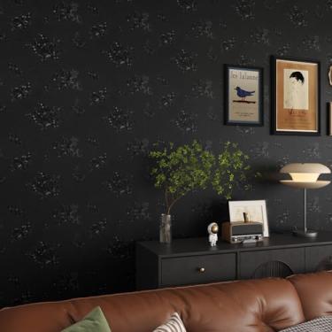 Imagem de VaryPaper Papel de parede preto em relevo de seda de 39,9 cm x 800 cm, papel de contato preto texturizado para armários, à prova d'água, autoadesivo, papel de parede de vinil removível para quarto