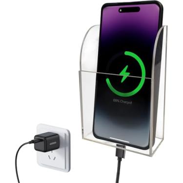 Imagem de Pansyling Suporte de parede de acrílico para telefone e controle remoto para cama, TV e ventilador de teto – sem orifícios, carregamento universal de telefone, organizador de mídia