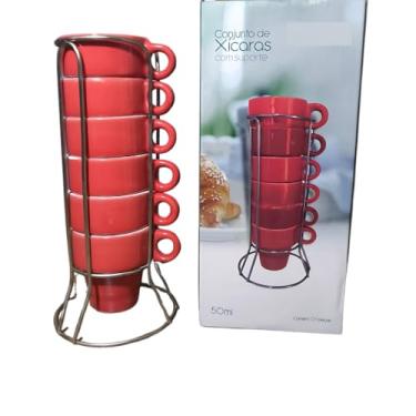 Imagem de Conjunto de 6 Xícaras para Café em Cerâmica, 50ml, Vermelho com Suporte Cromado Empilhável, 5,5 x 6,5 cm (vermelha)