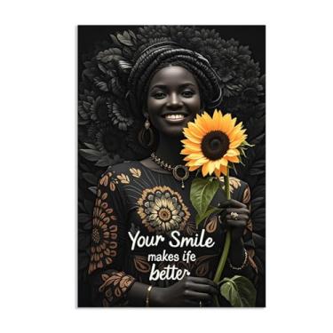 Imagem de SDYJ6GSW Arte de parede em tela de mulher negra, pôsteres e impressões inspiradoras de menina negra, pôsteres de girassol imagens afro-americanas para decoração de parede de quarto, quarto, 90 x 60 cm