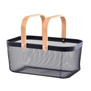 Imagem de Cesta Piquenique,Cesto Fruteira Organizador de UtensíLios Decorativo Caixa Organizadora Bambu E Inox(PRETO GRANDE)