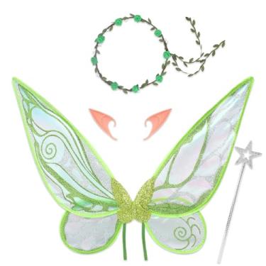 Imagem de ALIBBON Conjunto de fantasia de fada verde com glitter com guirlanda floral, orelhas de elfo para mulheres e adultos, acessórios de fantasia de asas de borboleta de organza para festas de Halloween