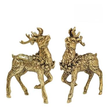 Imagem de XUANTGY 2 peças pequenas estatuetas de cervo sika de bronze bronze estátua de animais decoração Feng Shui decoração de coleção de ornamentos de escritório em casa, 5 cm