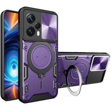Imagem de Ephoou Capa compatível com Xiaomi Poco F5, capa de lente de câmera deslizante embutida + suporte magnético para suporte de anel para carro, capa armadura resistente à prova de choque para Poco F5