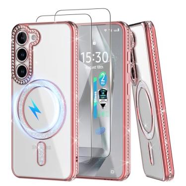 Imagem de YmhxcY Capa magnética para Galaxy S23, [2 x 0,18 película protetora de tela de vidro temperado com impressão digital] Diamante fofo para glitter, moda luxuosa, brilhante para Samsung Galaxy S23 6,1