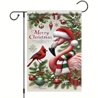 Imagem de Starlit Patio Bandeira de jardim de Natal Flamingo com bandeira de pássaro cardeal 30 x 45 cm ao ar livre dupla face inverno sazonal quintal banner decoração de gramado feriado ornamentos de árvore de