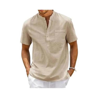 Imagem de Camiseta Henley Masculina Vintage de Algodão e Linho - Manga Curta com