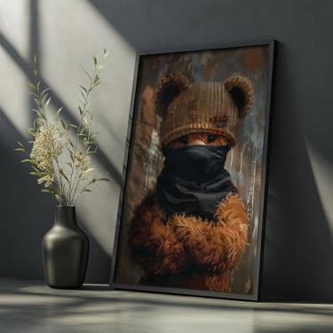Imagem de Quadro Decorativo Urso Toca Preta Com Moldura Arte Moderna Animal Misterioso Criativo Estilo Banksy Grafite Parede Infantil