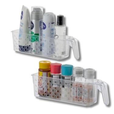 Imagem de Cesto organizador em Acrílico Com Alça para Geladeira Dispensa Banheiro Armário de cozinha 28cmx8cm Kit com 2 Peças